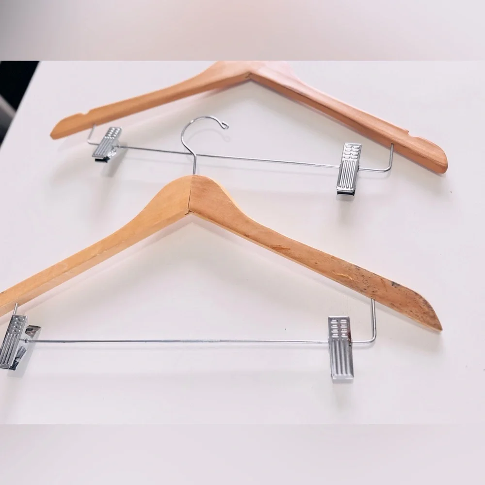 2 VINTAGE Wooden Slacks Pants & Skirt Hangers - Light Wood & Chrome Clamps